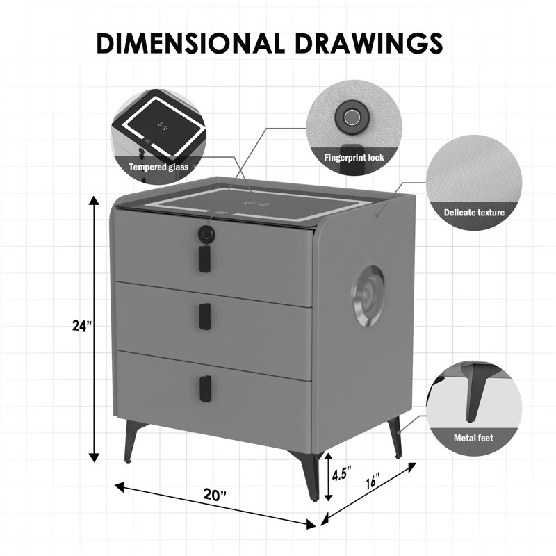 Kaylena 3 - Drawer Nightstand with Fingerprint Lock and LED Lights and Music Player, Grey