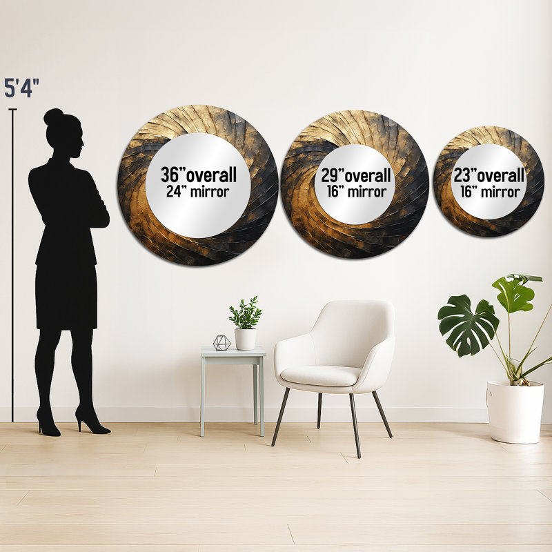 Samith Gold Black Spiral Poteries I - Abstract Spirals Large Mirror, Gold Round Unique Wall Mirror Decor, Printed Metal Art