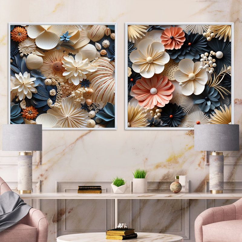 Rondeau - Ensemble de 2 collages carrés floraux, Cadre flottant blanc, H 30 po x l 61 po