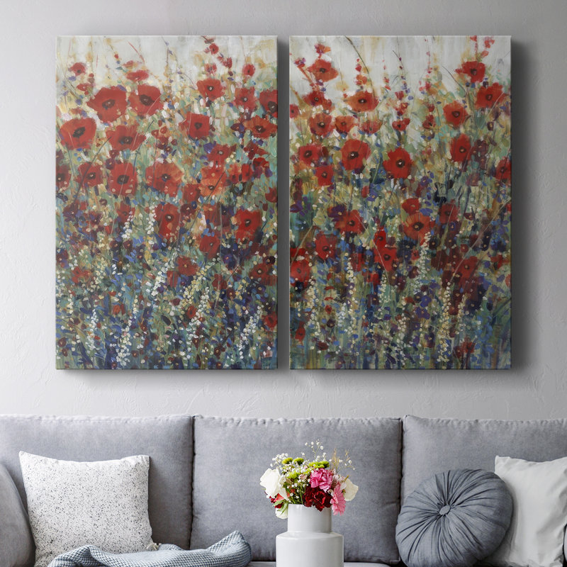 «Garden Poppies» - Toile tendue avec châssis de qualité supérieure - Prêt à être accroché, H 48 po x l 64 po