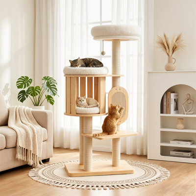 Arbre à chat moderne en bois massif 50 po pour grands chats d'intérieur - Tour à plusieurs niveaux avec poteaux à griffer en sisal, condo confortable et carton à griffer pour chat