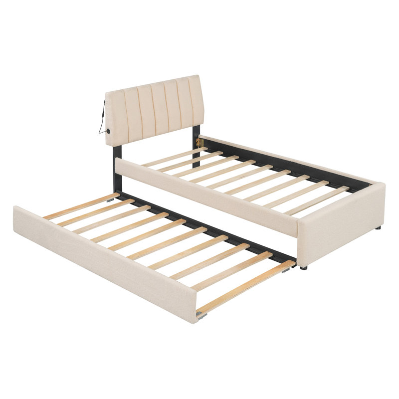 Lit plateforme tapissier simple avec lit gigogne Teddy, Beige