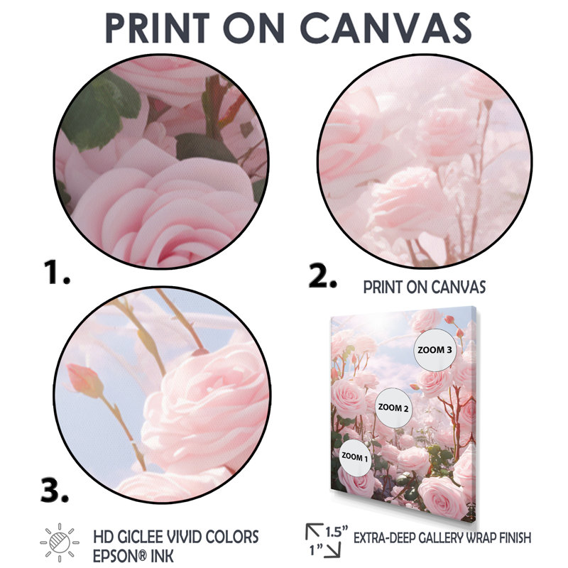 «Pink Roses Vibrant Blue Sunny Sky II - Roses», reproduction d'art, Toile avec cadre flottant noir