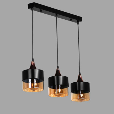 Industrial Scandinavian Chandelier, Black Metal Body, Copper Coated, Glass Cap, 16 x 16 x 21.7 inches | Adjustable Height, E27 Socket (Max 40W) | Perfect for Modern Living Spaces, Dining Rooms & Entryways