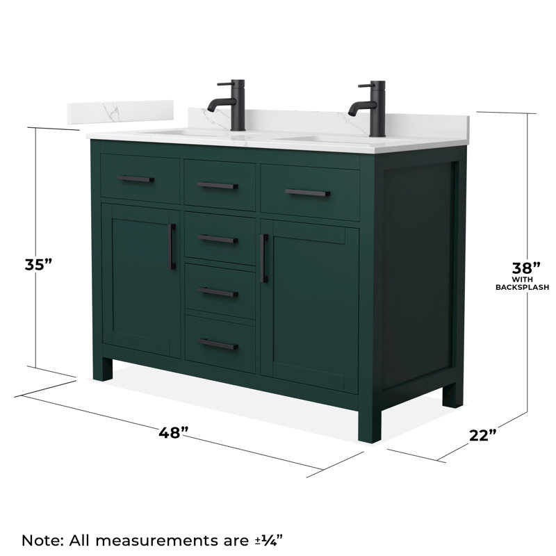 Beckett 48" Freestanding Double Bathroom Vanity with Quartz Top, Giotto Quartz, Green, Matte Black