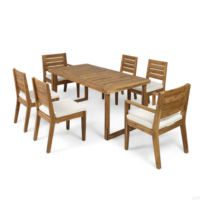 Ensemble repas d'extérieur en bois d'acacia avec coussins 7 pièces