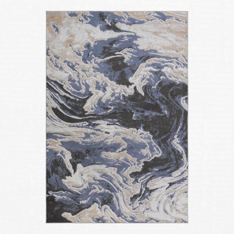 Area Rug Synthetic Fiber Stain Resistant Non-Shedding Abstract Light Blue Medium Pile 5' x 7', Light Blue