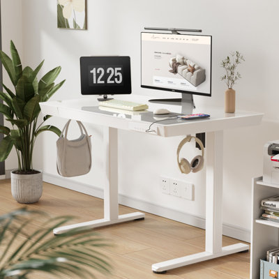Seila Glass Top Height Adjustable Standing Desk, Computer Desk with Drawer, USB Port and Type-C Port