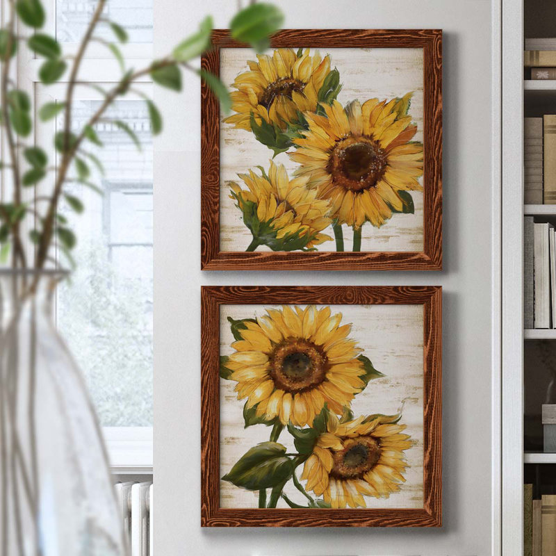 Tournesol d'été I - ensemble de 2 peintures sur toile encadrées, Érable encadré, H 17 po x l 34 po x P 1,5 po