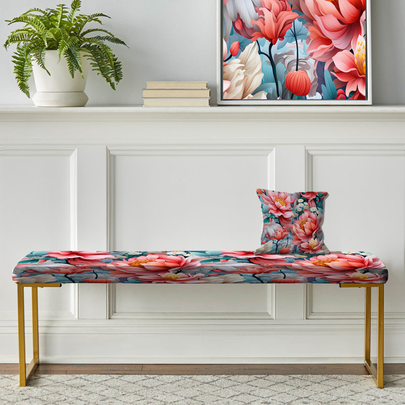Banc floral rembourré or, Expression de coquelicots bleus et roses