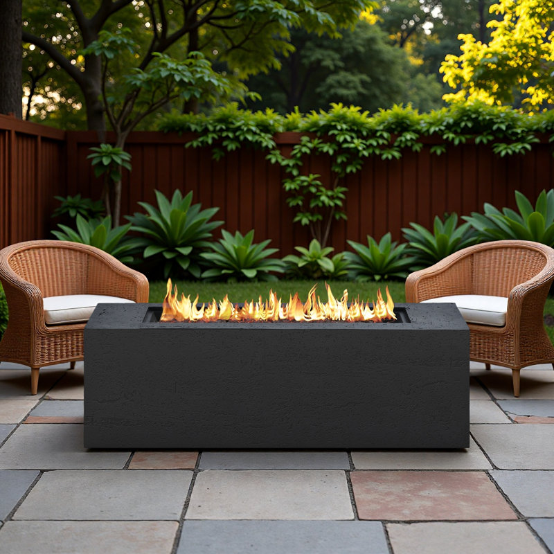 Mgo Propane Outdoor Rectangular Fire Pit With Side Cutout Handles, Steel Burner, Adjustable Flame Control, Lava Rocks And Rain Cover