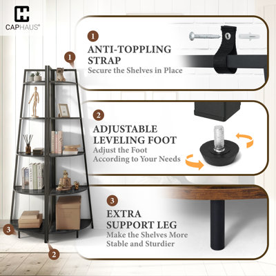 Tall Corner Shelf Stand, 4-Tier Display Shelves, Ladder Corner Wood Storage Plant Bookshelf with Metal Frame, Versatile Shelving Unit Bookcase for Home Office Space, Black