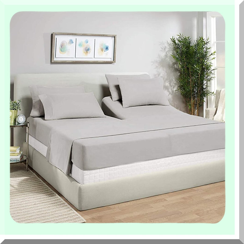 CoolFlex Split Top Sheet Set - Deep Pocket Bed 1800 Thread Count Super Soft 4 Piece Set with Pillowcases - Split Flex Head Sheets for Sleep Number Mattress - Light Gray