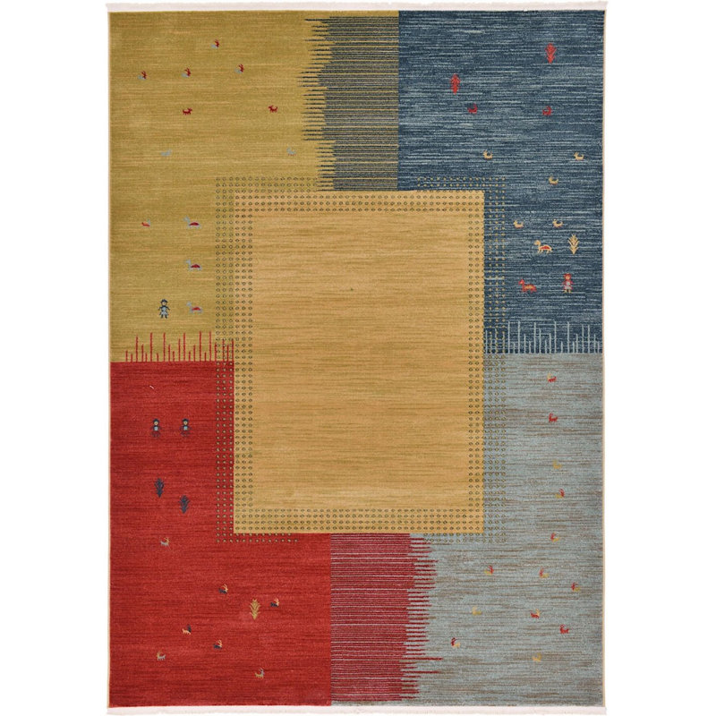 Tapis à motif géométrique jaune / rouge / bleu Lela, Rectangle 7 pi x 10 pi