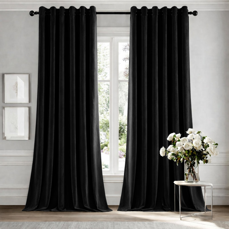 Heavy Crushed Ready Made Velvet Eyelet Curtains (Set Of 2), Black, 228cm Width x 228cm Height