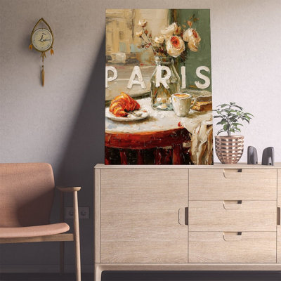 Canvas Wall Art Paris Cafe Croissant And Roses Oil Painting Art Vintage Poster Print Home Decor
