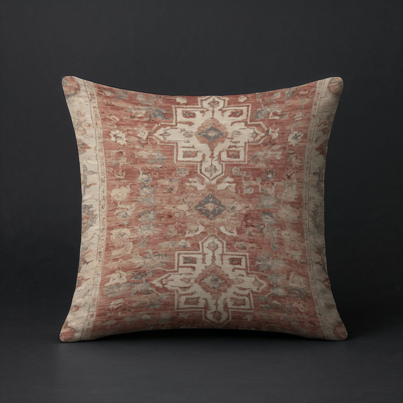 Coussin décoratif intérieur et extérieur Modern, Carré 16 po, Beige / rouille / bleu damassé 1
