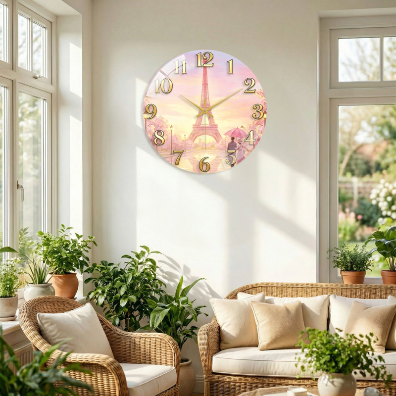 Horloge murale décorative moderne en verre Paris Romance, 40 x 40 cm (15,7 x 15,7 pouces)