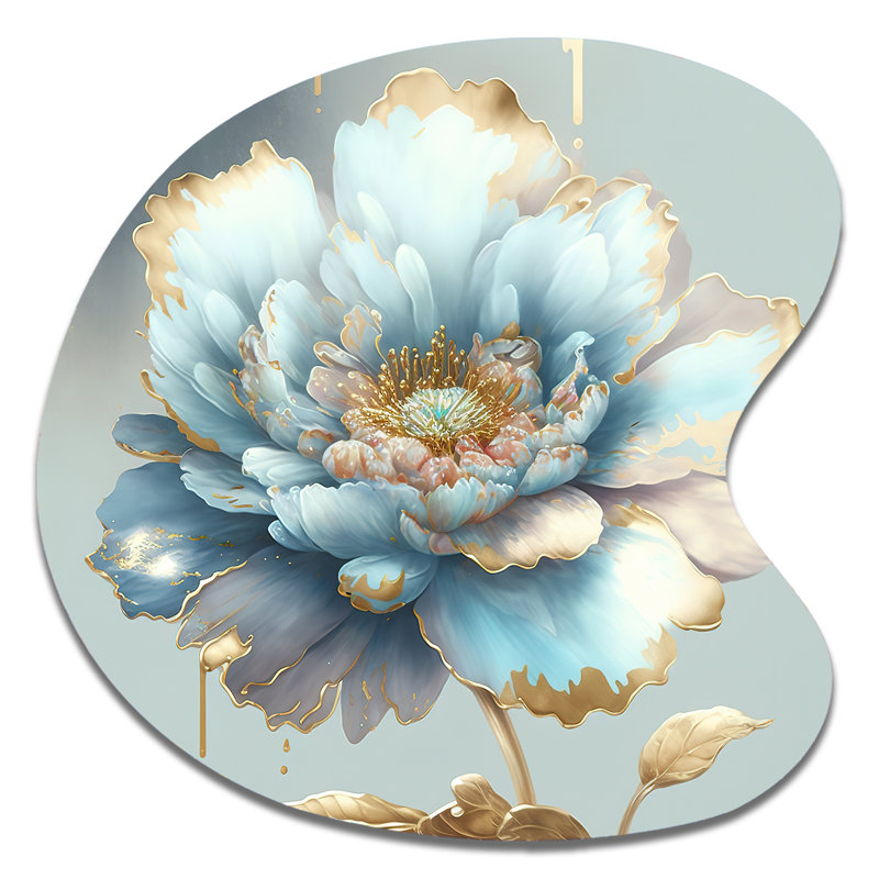 «Chic Blue Blooming Flower IV - Floral Drop Shape», art mural en métal asymétrique, H 27 po x l 27 po