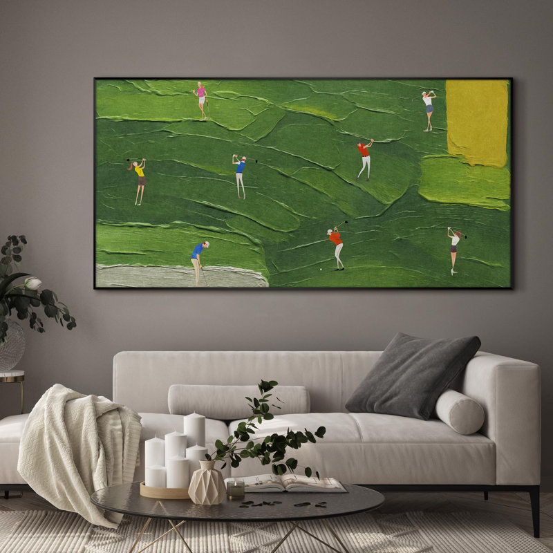 Très grand art mural imprimé sur toile - chiffres de balançoire de golf sur une allée abstraite verte, décoration d'art pour le salon ou la chambre à coucher - «Assemblage requis du cadre (cadre non fini)»
