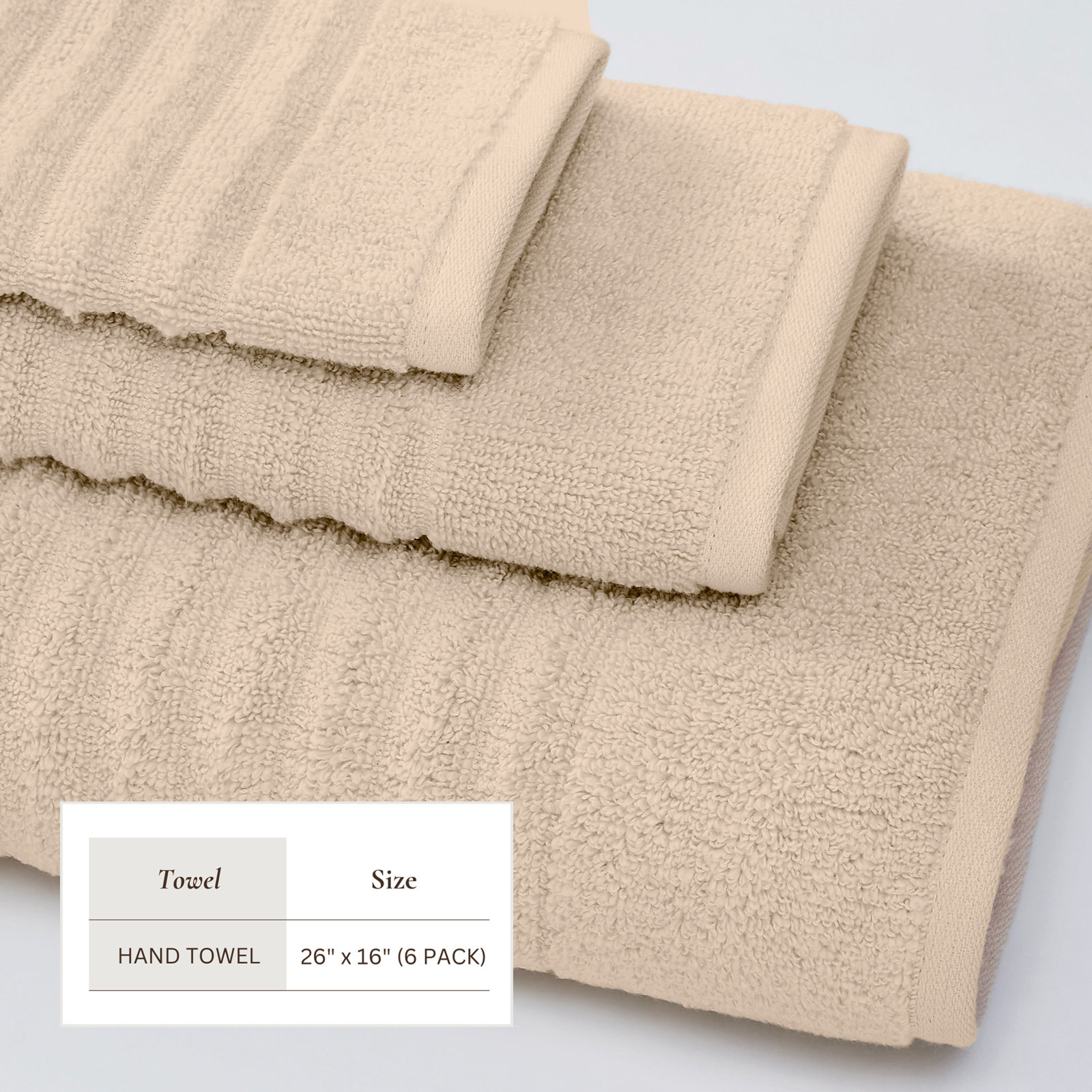 100% Zero-Twist Cotton Ribbed Hand Towels (Set of 6), Dune, Hand Towels - 6 Pack