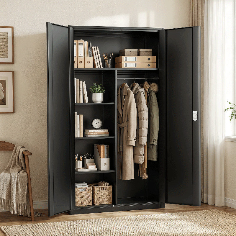 72" Metal Storage Cabinet, Storage Wardrobe Organizer with Hanging Rod, Locking Door and Adjustable Shelves, Black