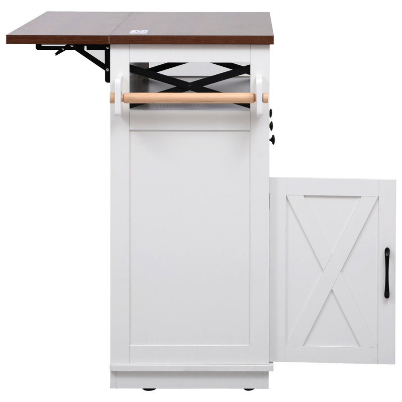 Îlot de cuisine de 46,5 po avec décoration drapée perlée, prise de courant, 3 portes de rangement, tiroirs, abattant, tablettes réglables, rideau de perles blanches suspendues, ports de charge, chariot,