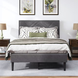 Wooden Platform Bed with Natural Rattan Headboard,Elegance with Minimalist Charm for Bedroom