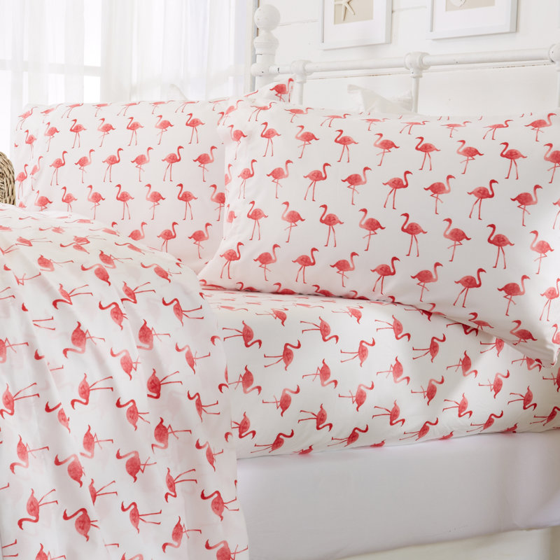 Ultra Soft Coastal Printed Microfiber Sheet Set, Queen Sheet Set + Fitted Sheet + 2 Pillowcases, Flamingo