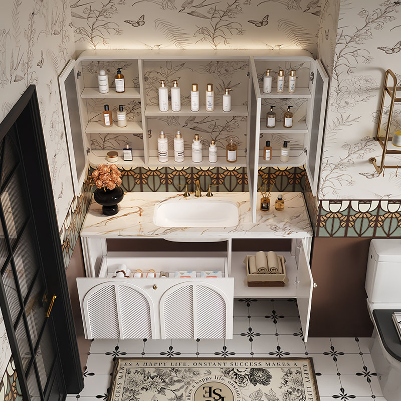 French retro style rest room bathroom cabinet, 19.68" H x 47.24" W x 19.68" D