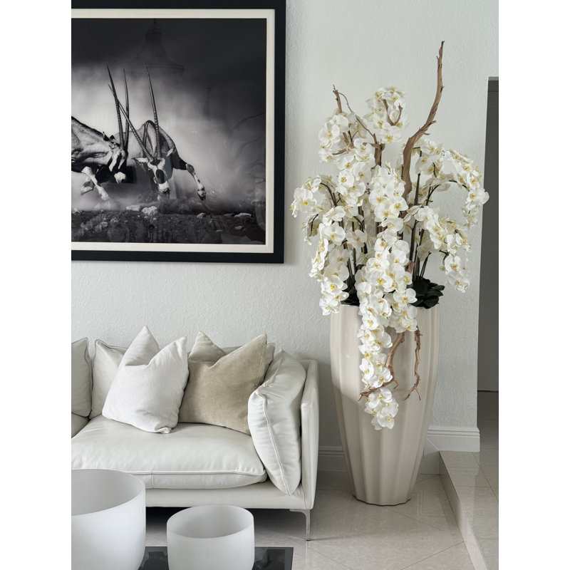 San Jose Planter In Glossy With Cascading Orchids, White, Beige