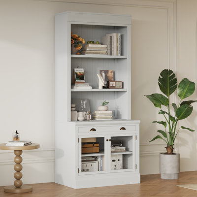 Bibliothèque de 83,4 po de hauteur, bibliothèque moderne avec 2 portes en verre et 1 tiroir, bibliothèque de rangement avec tablettes ouvertes pour le salon, le bureau personnel, blanc