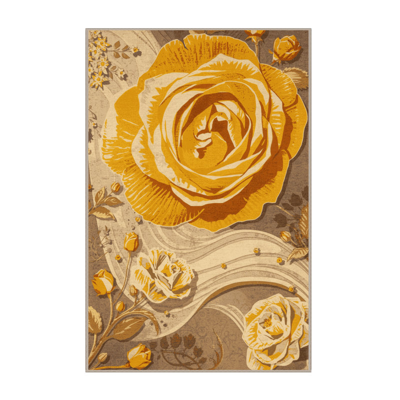 Tapis éclectique à motif floral jaune moelleux Temaraia, 5 x 8