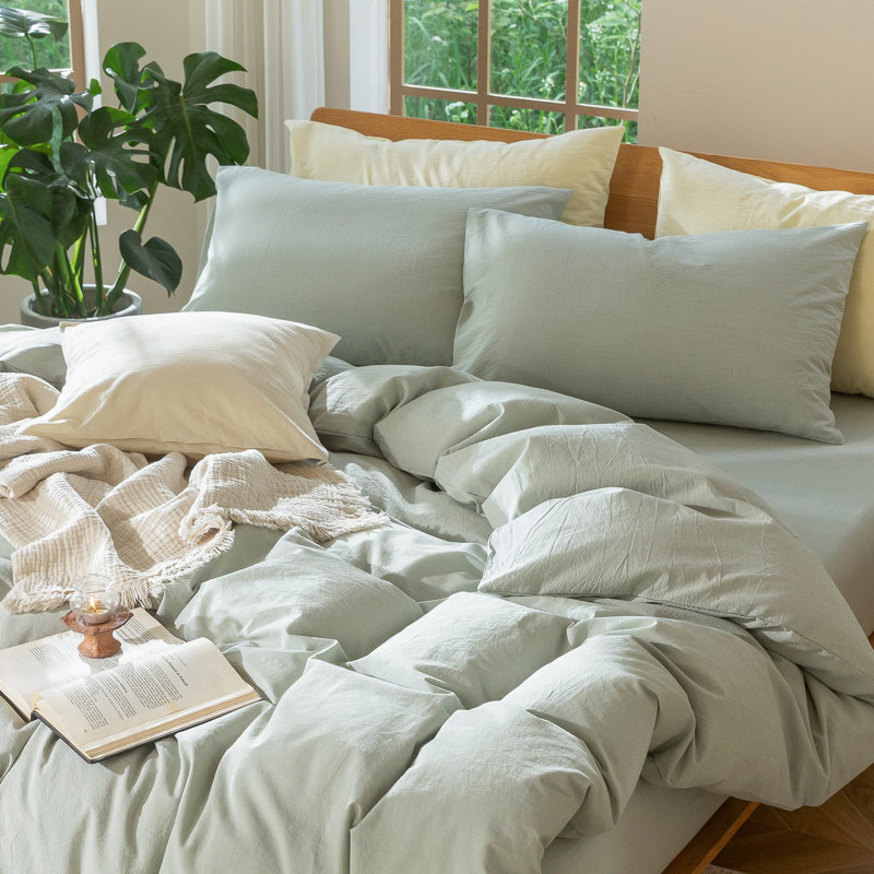 MooMee Lightweight Duvet Cover Set with Zipper Closure 8 Ties 100% Washed Cotton Linen Like Textured Soft Breathable All-Season