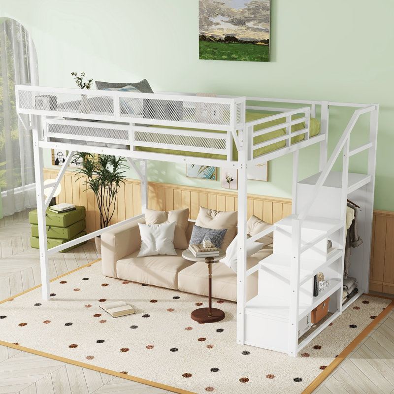 Lit mezzanine en métal blanc pour grand lit avec escalier, rangement et garde-robe, support de poids de 400 lb, 54,3 pouces de dessous pour chambre polyvalente pour adolescents