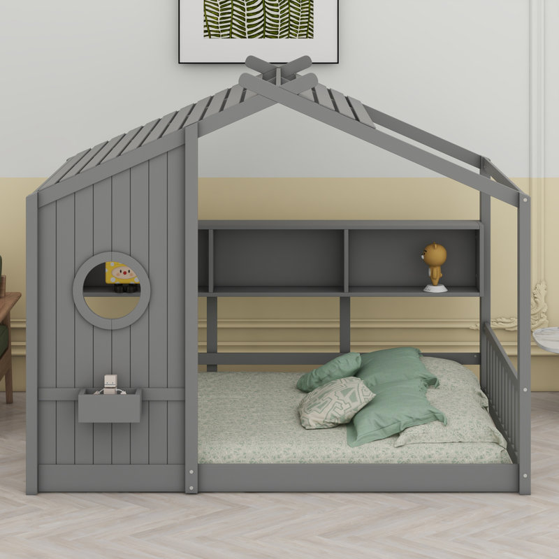 Lit sur pied pour enfant, lit Montessori pour enfants avec tablette de rangement, lit de jeu avec toit, Double, Gris