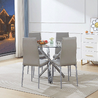 5-piece Round Dining Set, Kitchen Table Chairs Set Of 4 For Kitchen & Dining Room, Dinette, Space-saving With Glass Table Top, Silver/gray