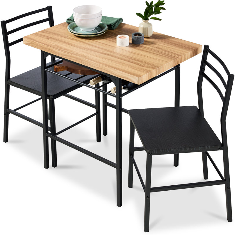 3-Piece Modern Dining Set, Square Table & Chairs Set W/ Steel Frame, Storage Rack, Brown, Black, Black