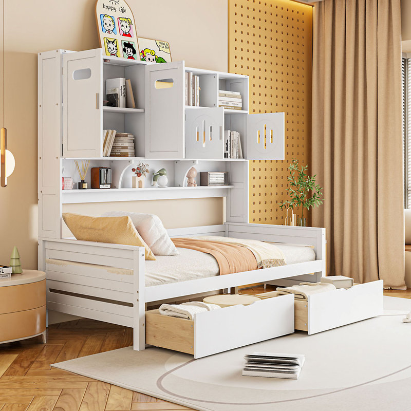 2 Drawers Daybed With Bookcase And Cabinet, Twin, White