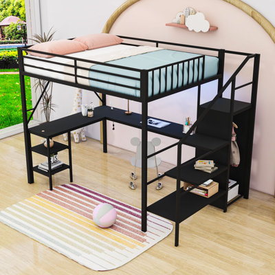 Metal Loft Bed With Open Wardrobe, LED Light, Desk, Charing Station And Storage Stair