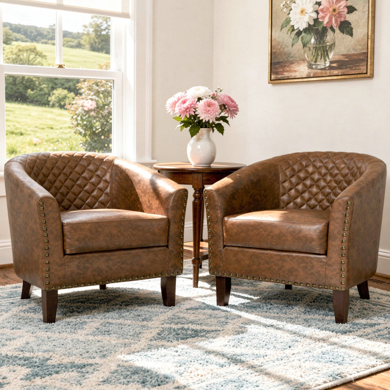 Fauteuil demi-tonneau Edvardas, Similicuir brun