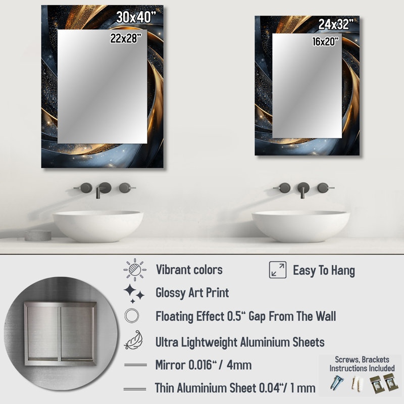 Abstract Spirals In Gold And Black Tones II - Abstract Spirals Large Mirror, Modern Decorative Wall Mirror, Printed Metal Art