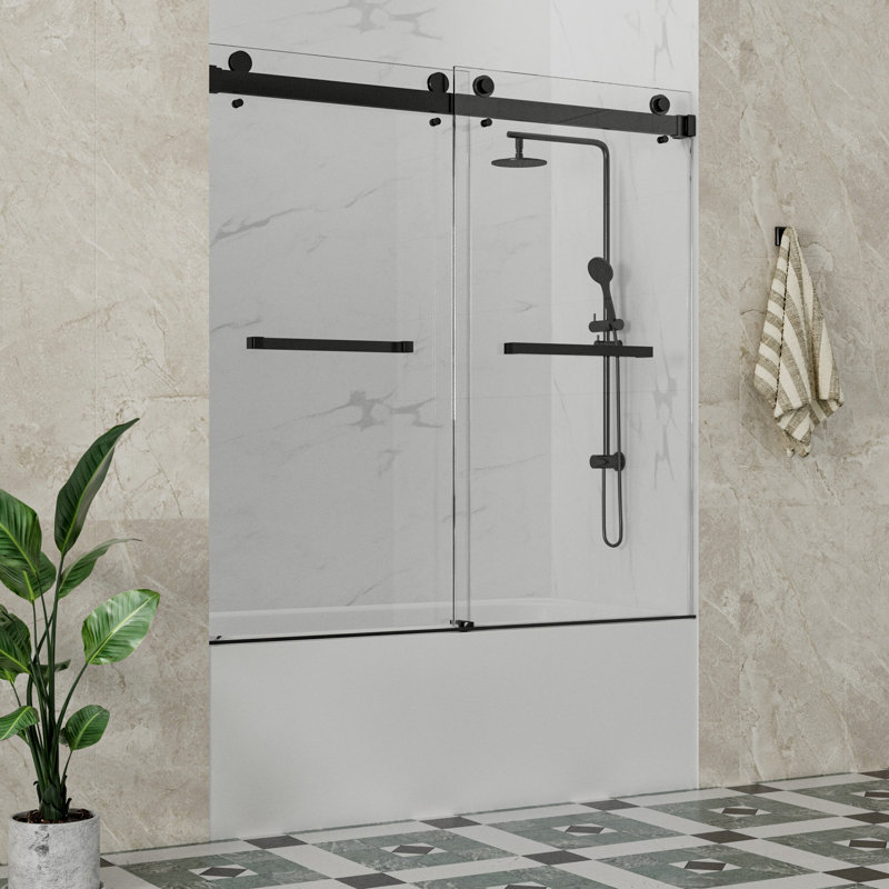 Catalyst 56"- 60" W x 66" H Double Sliding Frameless Shower Tub Door in Matte Black with 3/8" Clear Glass, Matte Black
