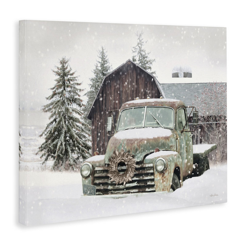 Paysage rustique enneigé à la campagne et camion enneigé, art texturé noir par Lori Deiter, H 24 po x l 30 po