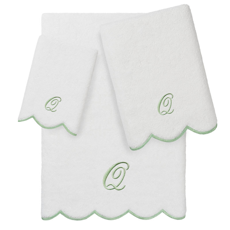  Ensemble de serviettes personnalisées 100% coton ADORNIA, Q, Blanc/vert, Ensemble 3 serviettes de bain
