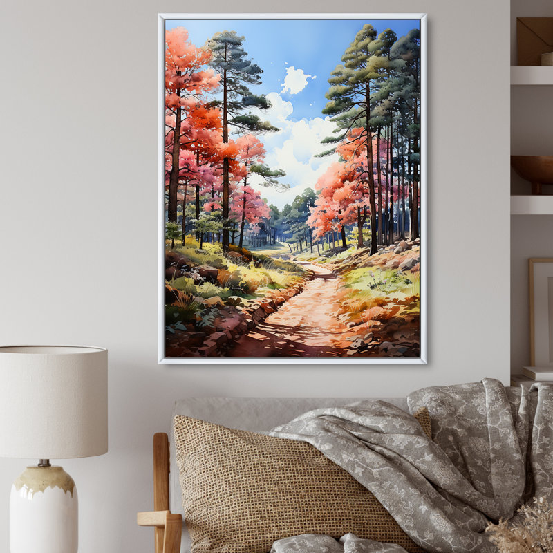 «Green Pine Tree Dancing Shadows» sur toile, H 32 po x l 16 po x P 1 po, Cadre flottant blanc