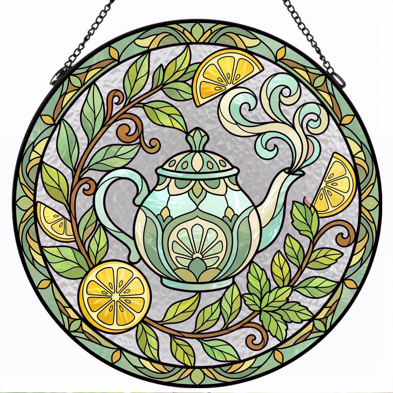 Panneau de vitrail en verre teinté théière ， 7,8H, 7.8"H