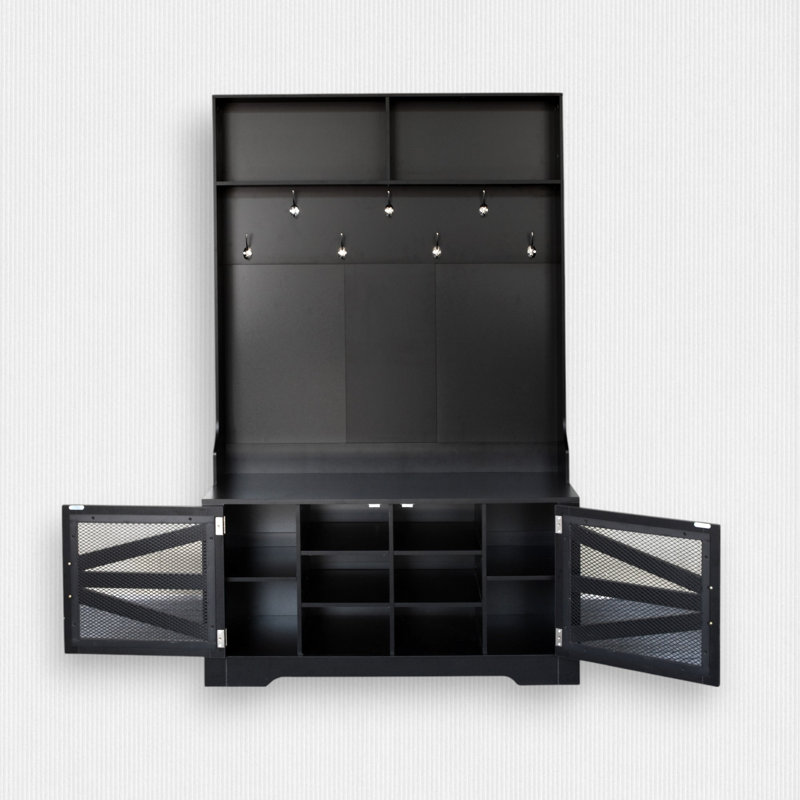 Portemanteau moderne avec portemanteau, tablettes réglables, portes grillagées en métal et 2 tablettes spacieuses