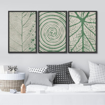 Abstrait botanique vert, feuilles blanches, 3 pièces