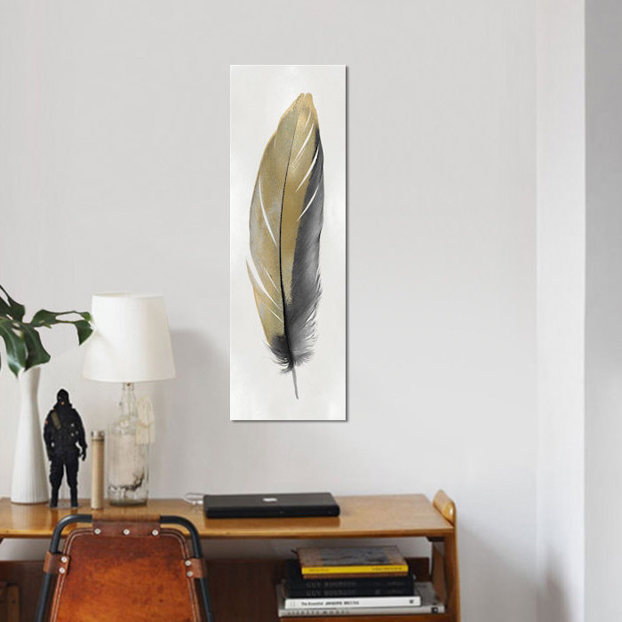 « plumes ii », reproduction d’impression sur toile dorée, H 36 po x l 12 po x P 1,5 po